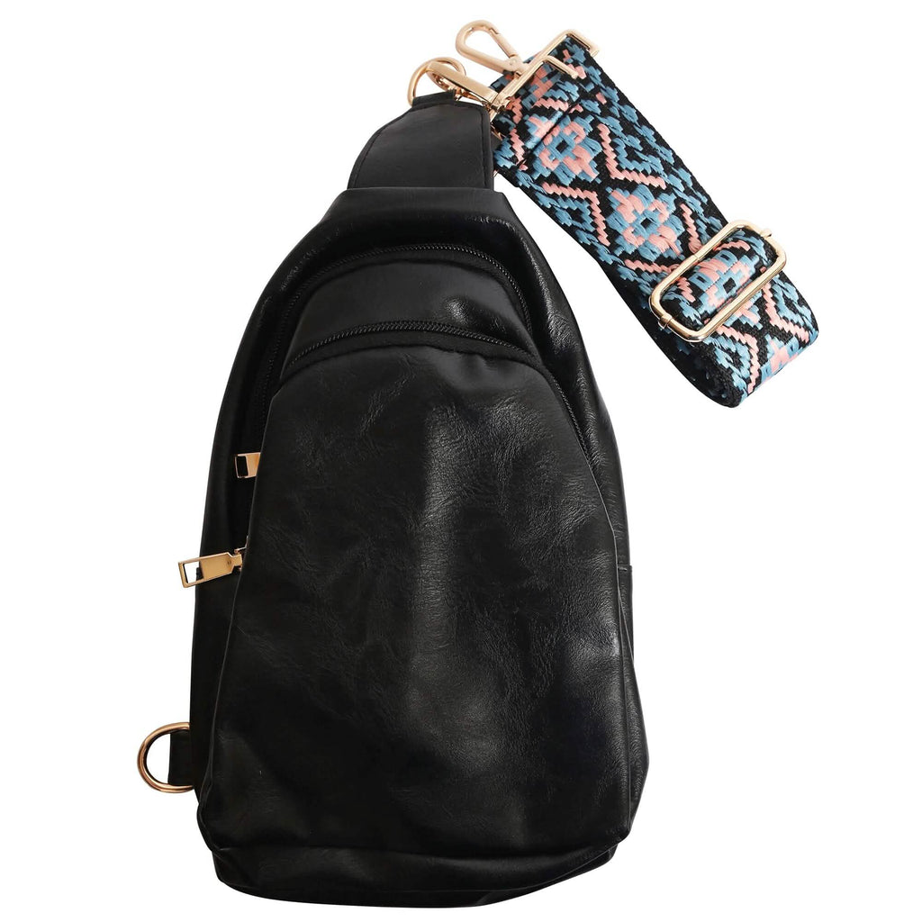 Shoulder Crossbody Sling Faux Leather Bag with Printed Strap