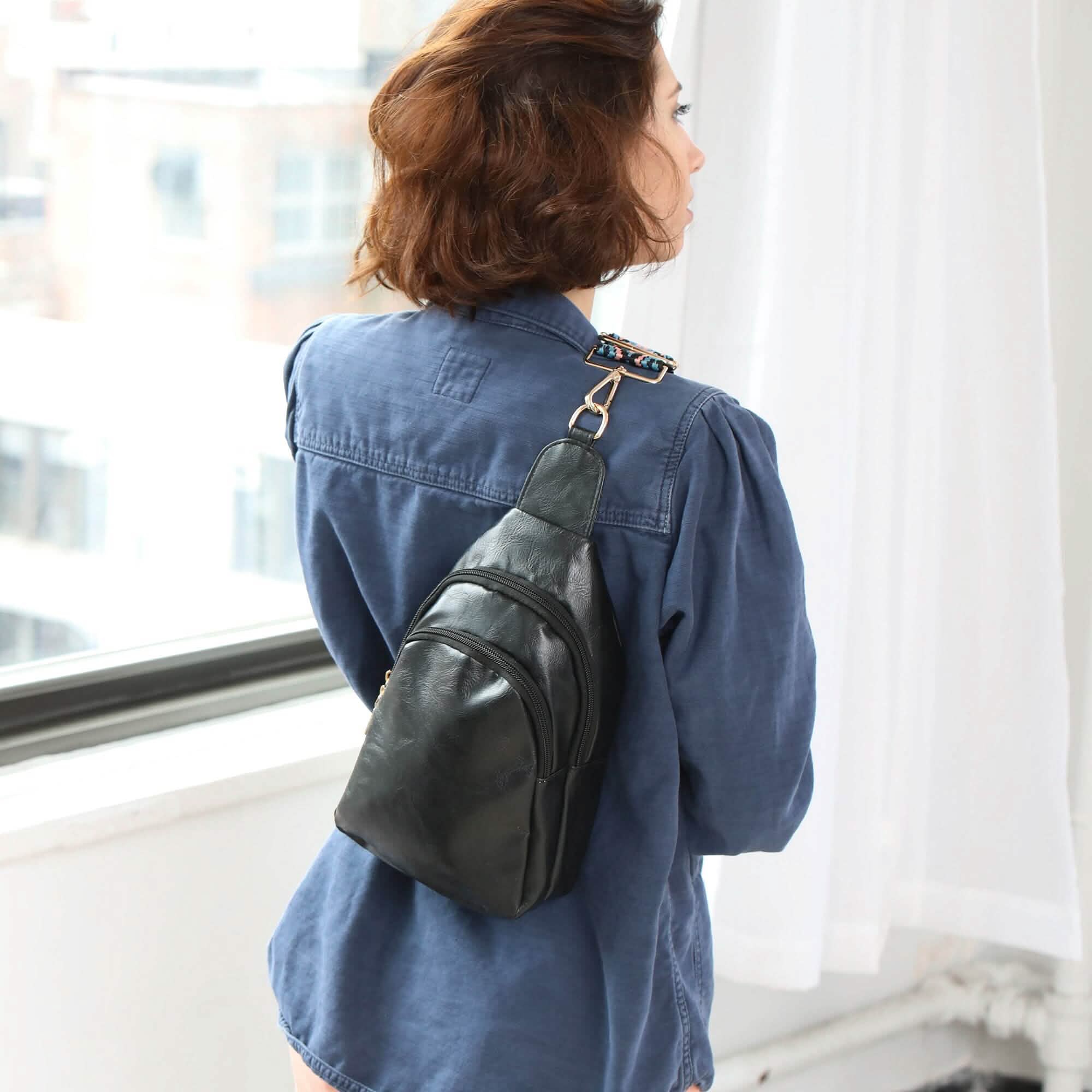 Shoulder Crossbody Sling Faux Leather Bag with Printed Strap