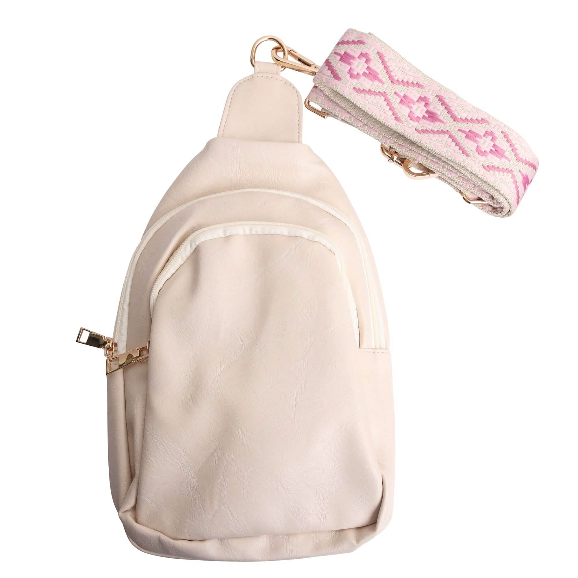 Shoulder Crossbody Sling Faux Leather Bag with Printed Strap